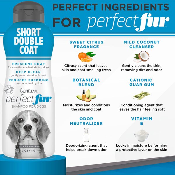 TropiClean PerfectFur Short Double Coat Deodorizing & Shed Reducing Dog Shampoo Шампоан за кучета с къса, двойна козина 473ml