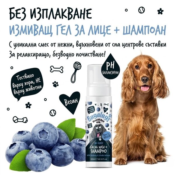 BugaLugs Blueberry Spa No Rinse Facial Wash + Shampoo with Blueberry & Colloidal Oatmeal for Dogs Почистваща Пяна за Лице без Изплакване 200ml