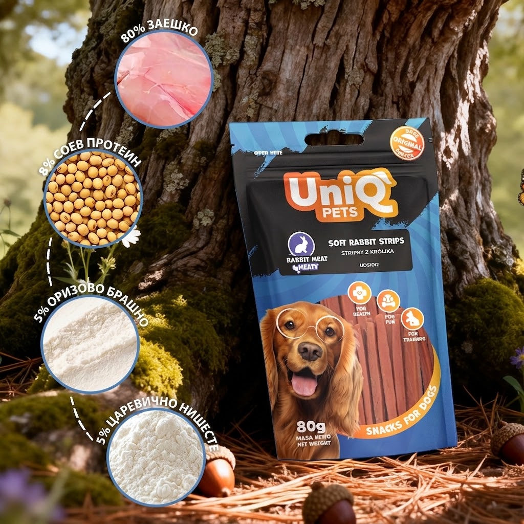 Uniq Pets Meaty Soft Rabbit Strips – меки лакомства за кучета със заешко, 80 г