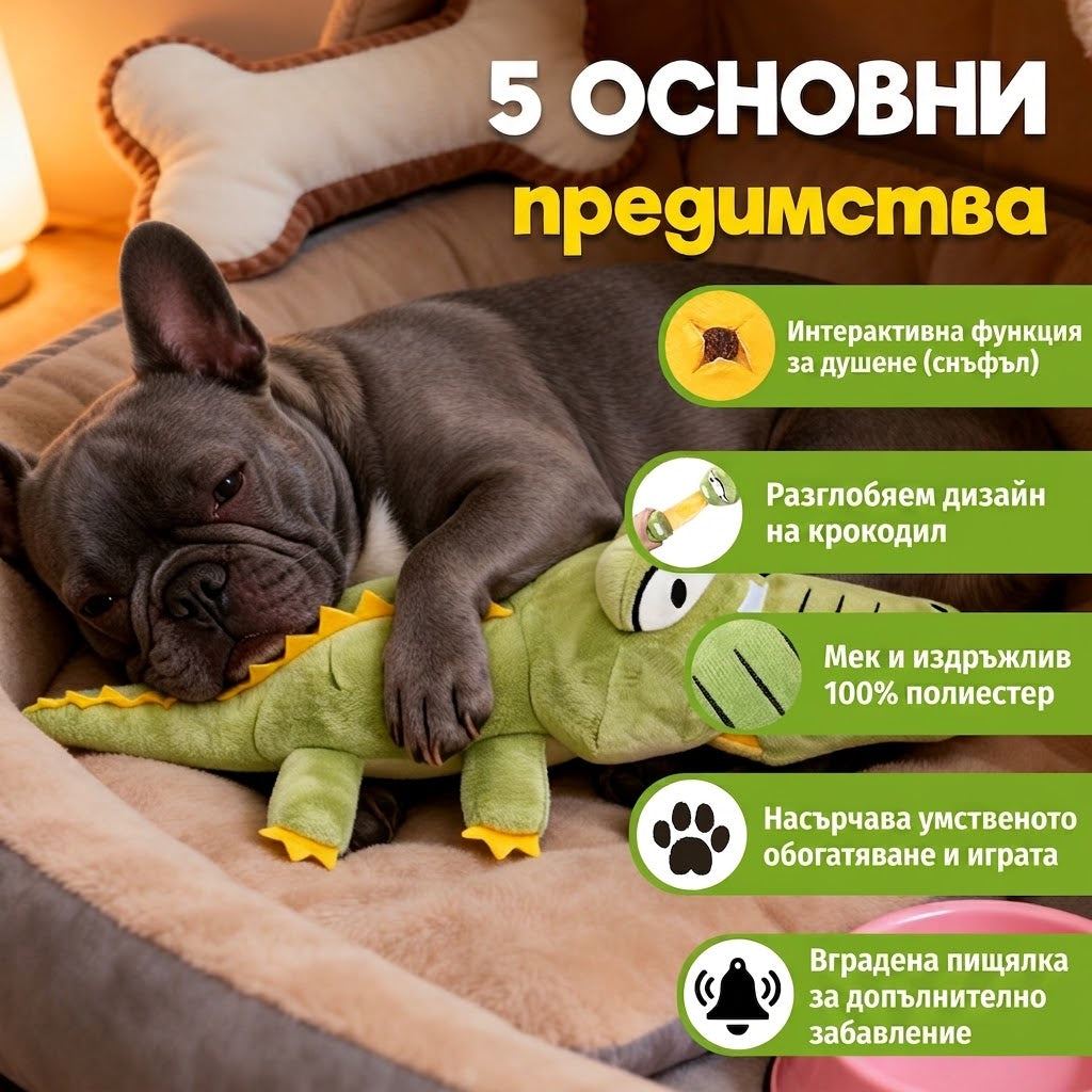 Uniq Pets Plush Dog Toy Sniffies Detachable Green Crocodile интерактивна плюшена играчка за куче, 75 x 14 x 12 см