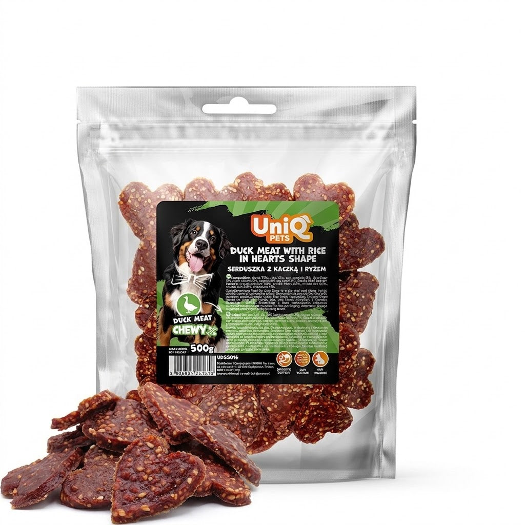 UniQ Pets Dog Snacks duck meat with rice in hearts shape - меки лакомства с патешко и ориз, 500gr