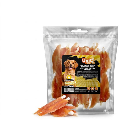 Uniq Pets Rawhide Soft Chicken Breast on Rawhide Sticks – дъвчащи лакомства за кучета с пилешко, 500 г
