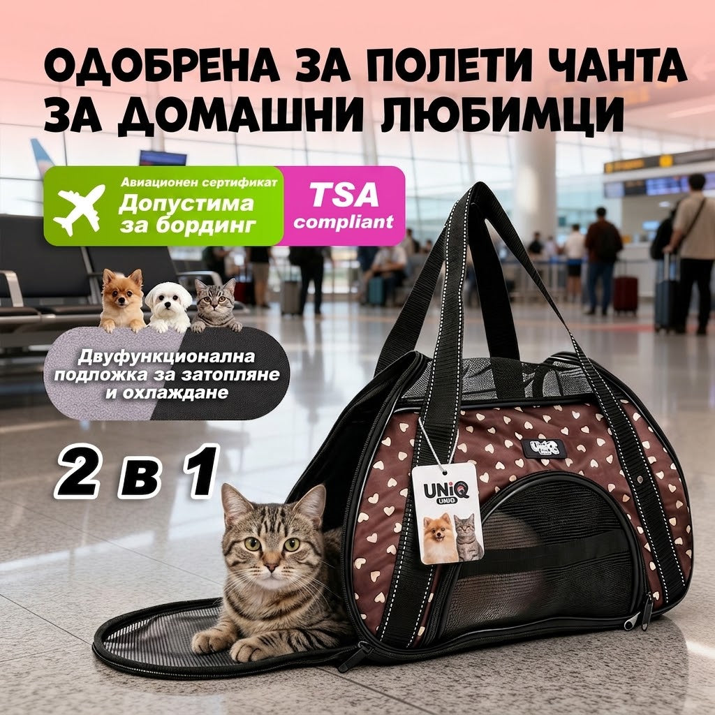 Uniq Pets Pet Transporter Bag FurTote FurryHeart транспортна чанта за котки и малки кучета, кафява, 40 x 23 x 27 cm