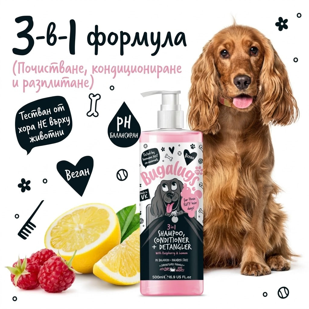 Bugalugs 3-in-1 Raspberry & Lemon Dog Shampoo, Conditioner & Detangler – Шампоан, Балсам и Спрей за Разресване