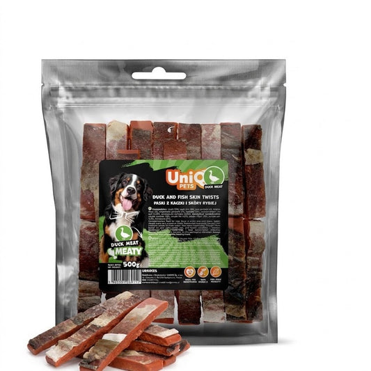 Uniq Pets Meaty Duck & Fish Skin Strips – лакомства за кучета с патешко и кожа от треска, 500 г