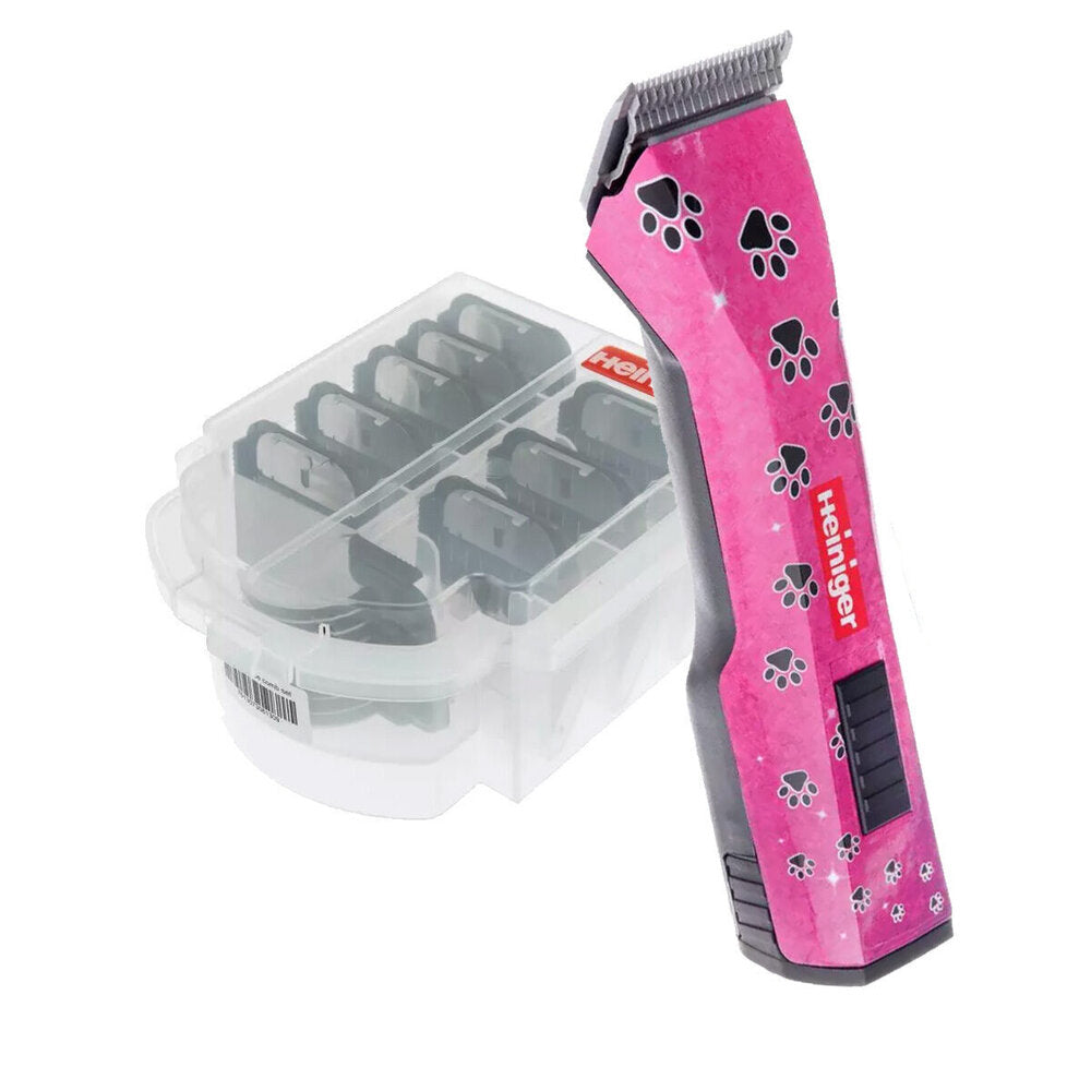 Heiniger Saphir Cordless Pink Paws Clipper (With No.10 Blade) With Heiniger 9 Pc Comb Guide Set машинка в комплект с приставки