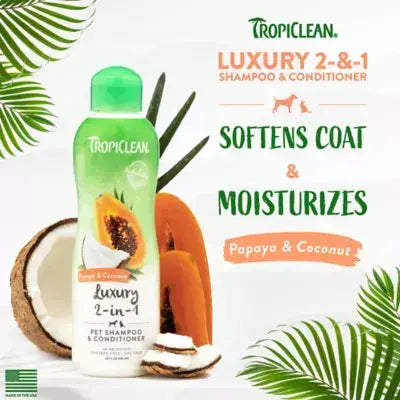 TropiClean Papaya and Coconut Luxury 2 in 1 Shampoo for Dogs and Cats 355ml