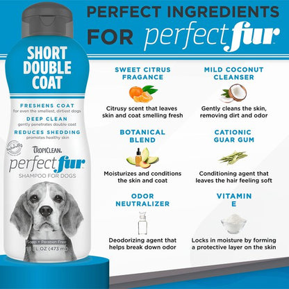 TropiClean PerfectFur Short Double Coat Deodorizing & Shed Reducing Dog Shampoo Шампоан за кучета с къса, двойна козина 473ml