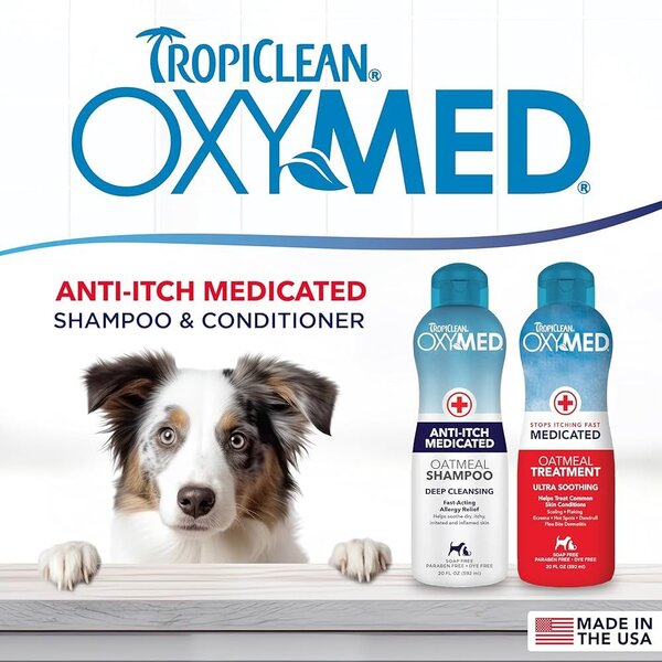 TropiClean OxyMed Medicated Anti-Itch Oatmeal Shampoo + TropiClean OxyMed Treatment Rinse Комплект Медицински шампоан против сърбеж с овесени ядки + Балсам 2*355ml