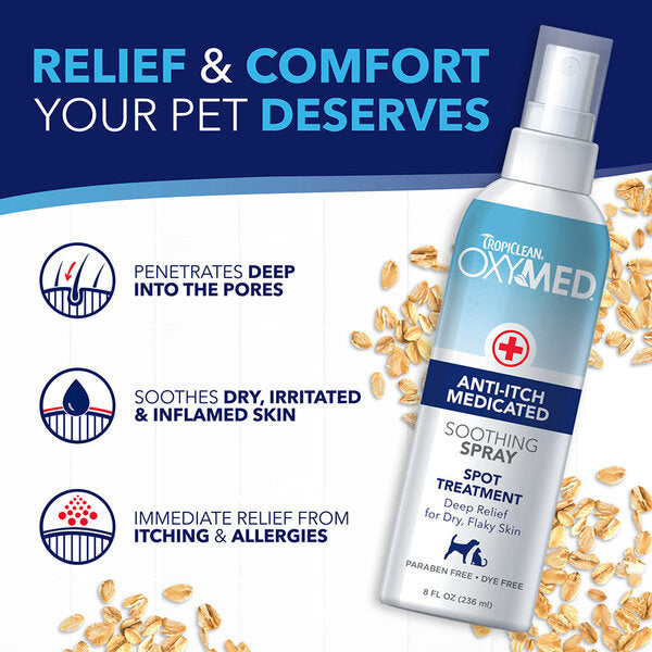 TropiClean OxyMed Medicated Anti-Itch Oatmeal Dog & Cat Shampoo Комплект шампоан и спрей за облекчаване на сърбежи