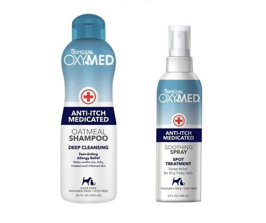 TropiClean OxyMed Medicated Anti-Itch Oatmeal Dog & Cat Shampoo Комплект шампоан и спрей за облекчав