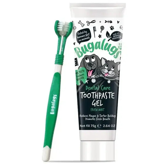 Bugalugs Dental Care Kit Toothpaste Gel with Triple Headed Toothbrush for Dogs & Cats Сет за зъби за