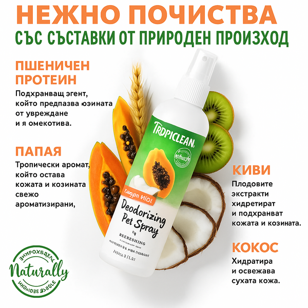 TropiClean Deodorizing Perfume & Odor Eliminating Papaya Scent Dog & Cat Spray - дезодориращ спрей за кучета и котки 236 ml