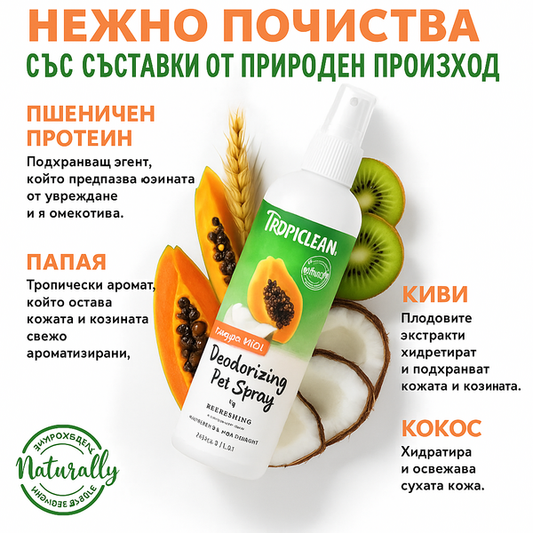 TropiClean Deodorizing Perfume & Odor Eliminating Papaya Scent Dog & Cat Spray - дезодориращ спрей з