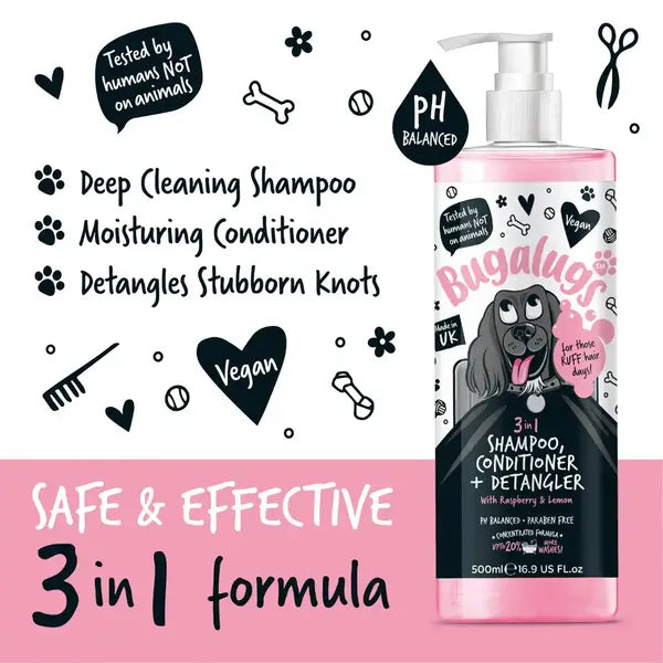 BugaLugs 3-in-1 Raspberry & Lemon Dog Shampoo, Conditioner & Detangler – Шампоан, Балсам и Спрей за Разресване