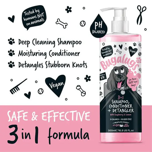 BugaLugs 3-in-1 Raspberry & Lemon Dog Shampoo, Conditioner & Detangler – Шампоан, Балсам и Спрей за