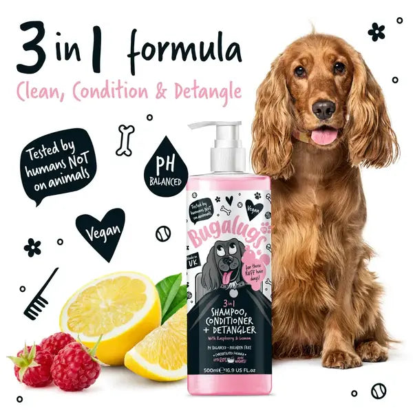 BugaLugs 3-in-1 Raspberry & Lemon Dog Shampoo, Conditioner & Detangler – Шампоан, Балсам и Спрей за Разресване