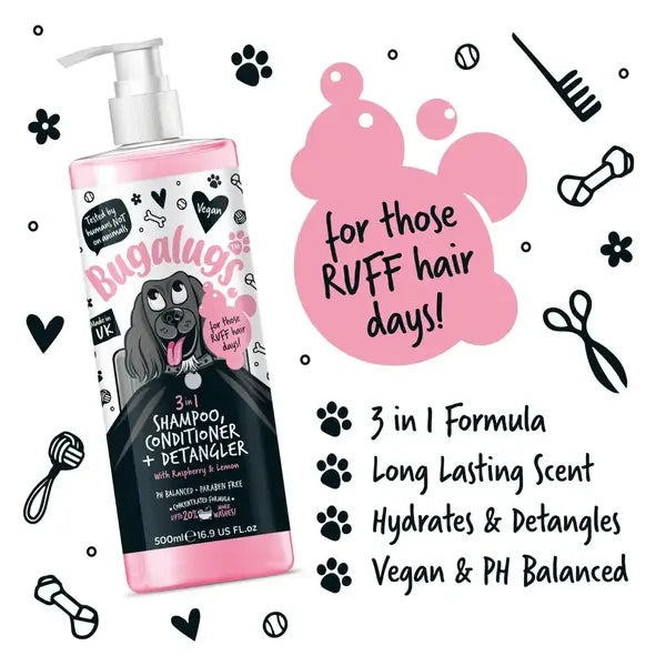 BugaLugs 3-in-1 Raspberry & Lemon Dog Shampoo, Conditioner & Detangler – Шампоан, Балсам и Спрей за Разресване