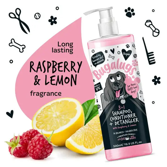 BugaLugs 3-in-1 Raspberry & Lemon Dog Shampoo, Conditioner & Detangler – Шампоан, Балсам и Спрей за