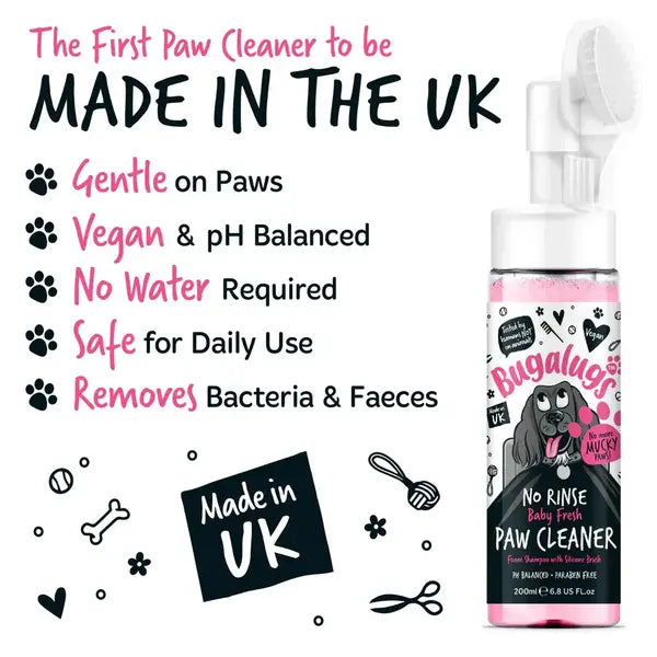 Bugalugs Baby Fresh No-Rinse Paw Cleaner - Пяна за почистване на лапи с аромат на бебешка пудра и четка 200 мл