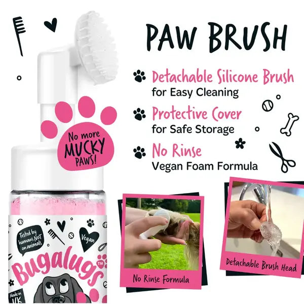 Bugalugs Baby Fresh No-Rinse Paw Cleaner - Пяна за почистване на лапи с аромат на бебешка пудра и четка 200 мл