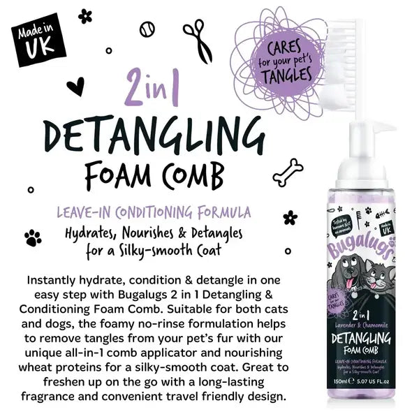 BugaLugs 2 in 1 Lavender & Chamomile Detangling Foam Comb for Dogs & Cats Успокояваща Пяна за Разресване 2в1 с Гребен 150ml