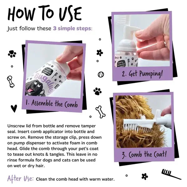 BugaLugs 2 in 1 Lavender & Chamomile Detangling Foam Comb for Dogs & Cats Успокояваща Пяна за Разресване 2в1 с Гребен 150ml