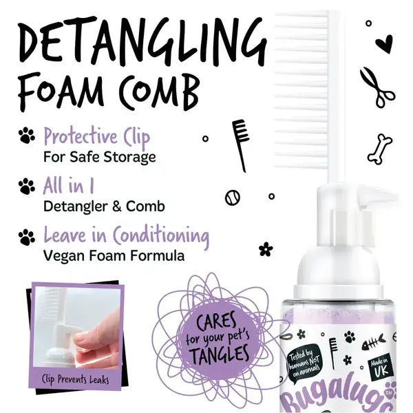 BugaLugs 2 in 1 Lavender & Chamomile Detangling Foam Comb for Dogs & Cats Успокояваща Пяна за Разресване 2в1 с Гребен 150ml
