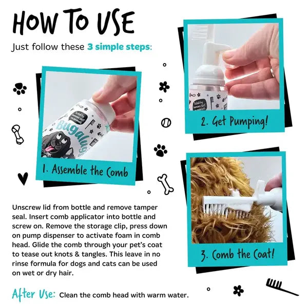 BugaLugs 2 in 1 Fragrance Free Detangling Foam Comb for Dogs & Cats Пяна за Разресване с Гребен Без Аромат 150ml