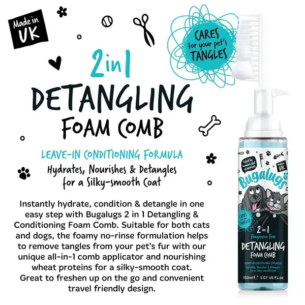 BugaLugs 2 in 1 Fragrance Free Detangling Foam Comb for Dogs & Cats Пяна за Разресване с Гребен Без Аромат 150ml