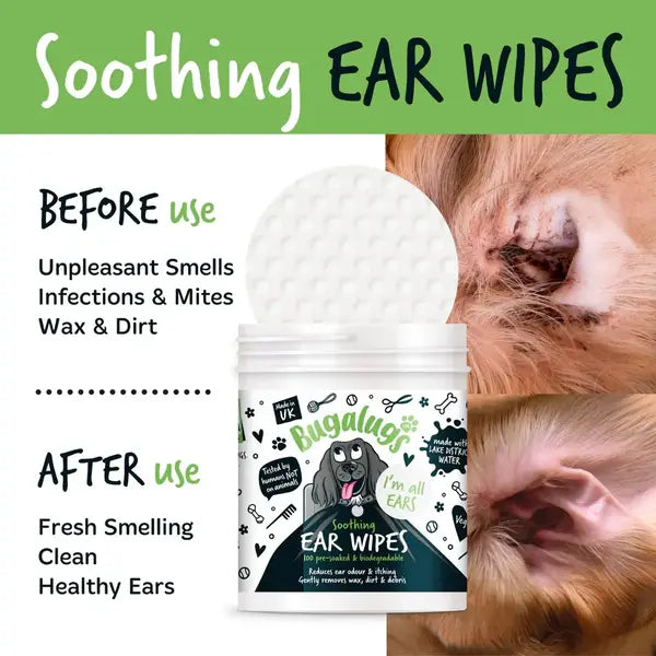 BugaLugs Soothing Ear Wipes for Dogs Biodegradable Wipes Почистващи Кърпички за Уши 100 броя