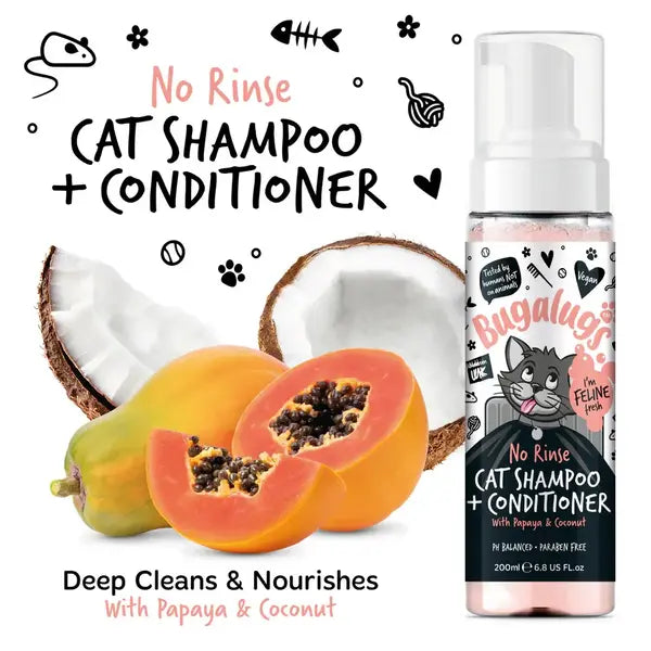 BugaLugs No Rinse Cat Shampoo & Conditioner with Papaya & Coconut Сух Шампоан и Балсам 2в1 за Котки 200ml