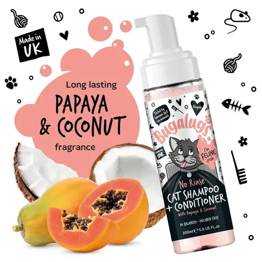 BugaLugs No Rinse Cat Shampoo & Conditioner with Papaya & Coconut Сух Шампоан и Балсам 2в1 за Котки