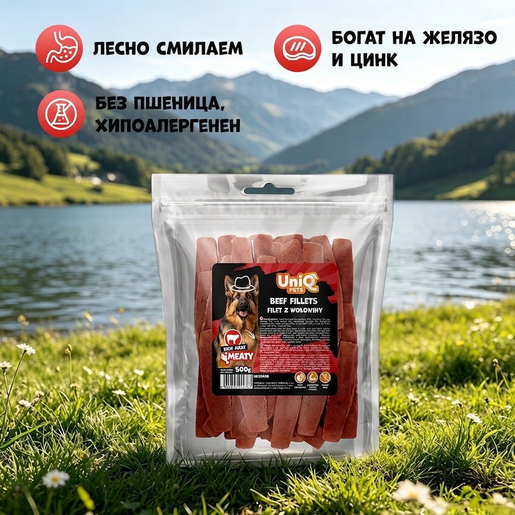 Uniq Pets Dog Snacks Meaty Beef Fillets говежди филета за кучета, 500 г