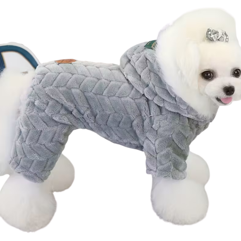 Cozy Cable - Grey Winter Plush Dog Jumpsuit