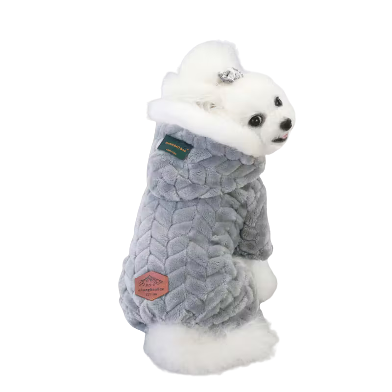 Cozy Cable - Grey Winter Plush Dog Jumpsuit