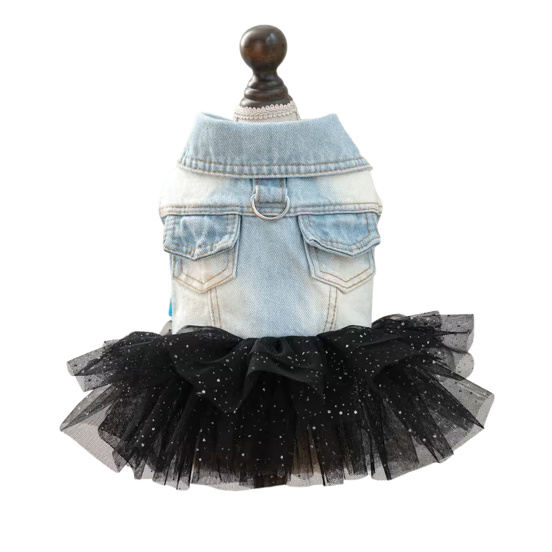 Denim Tutu Jacket – деним рокля за куче с черен тюл
