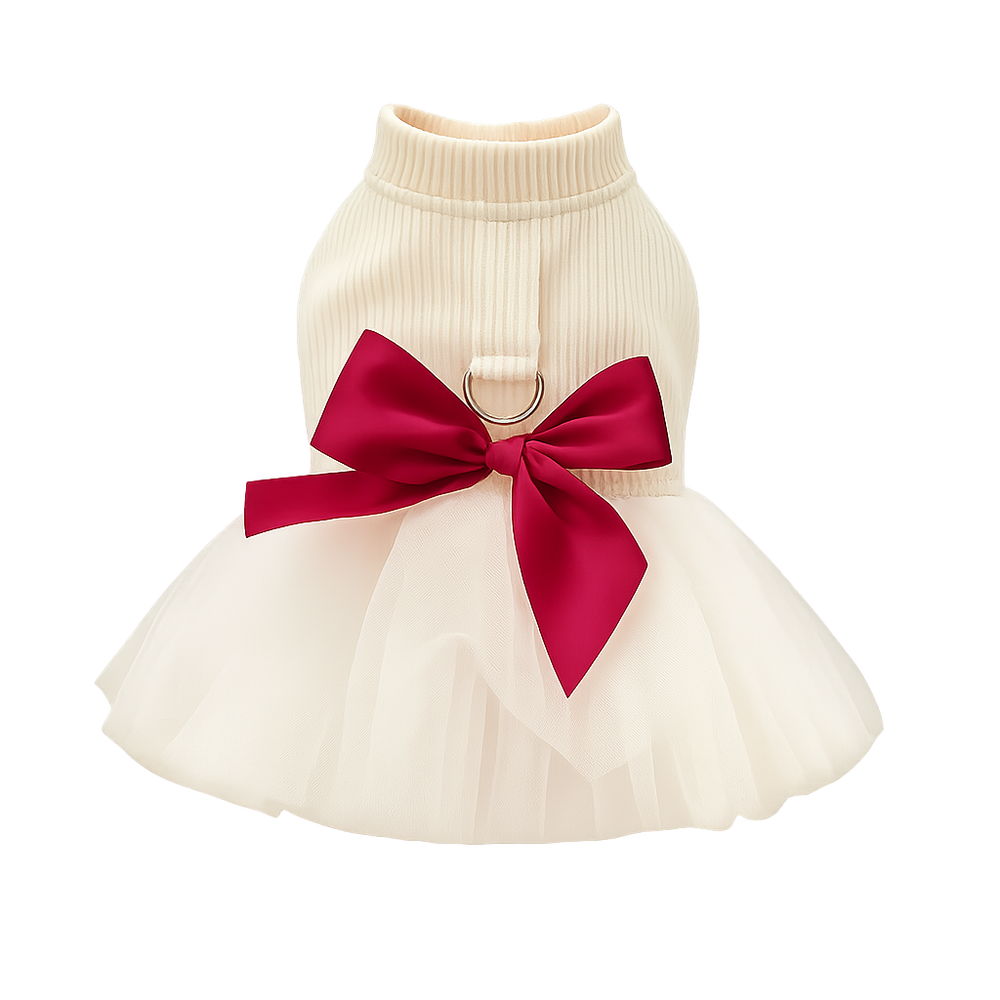 Red Ribbon – кремава тюлена рокля за куче с бордо панделка