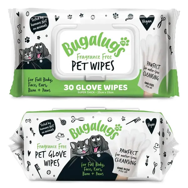 Bugalugs Fragrance Free Pet Glove Wipes - Хипоалергенни биоразградими мокри кърпички тип ръкавица без аромат 30 бр.