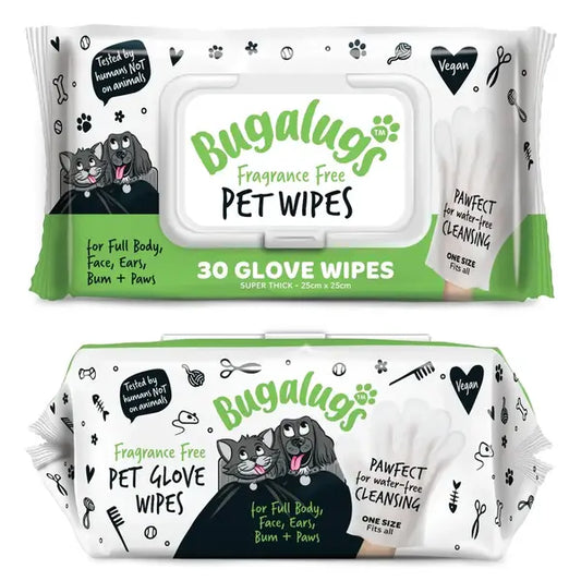 Bugalugs Fragrance Free Pet Glove Wipes - Хипоалергенни биоразградими мокри кърпички тип ръкавица бе
