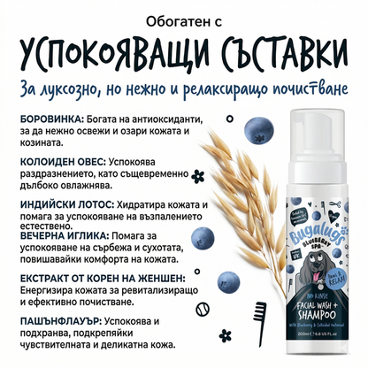 BugaLugs Blueberry Spa No Rinse Facial Wash + Shampoo with Blueberry & Colloidal Oatmeal for Dogs Почистваща Пяна за Лице без Изплакване 200ml