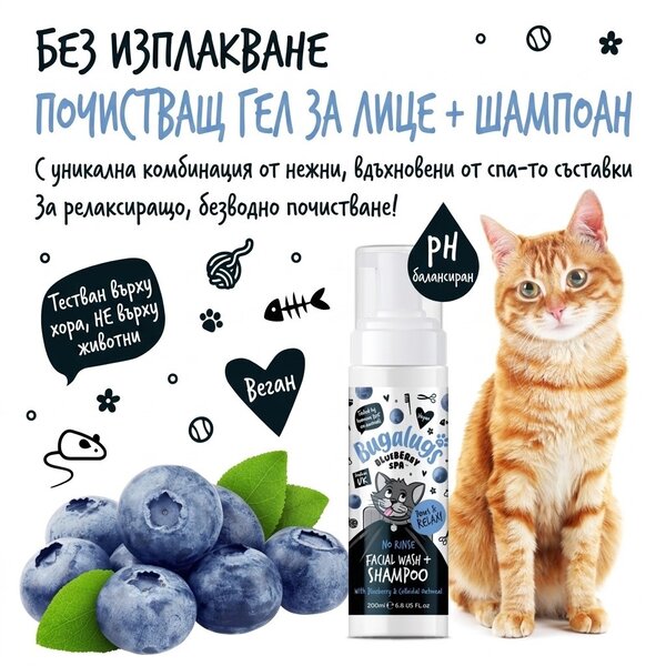 Bugalugs Blueberry Spa No-Rinse Facial Wash & Shampoo for Cats - Пяна за почистване на лице и козина за котки без изплакване 200 мл