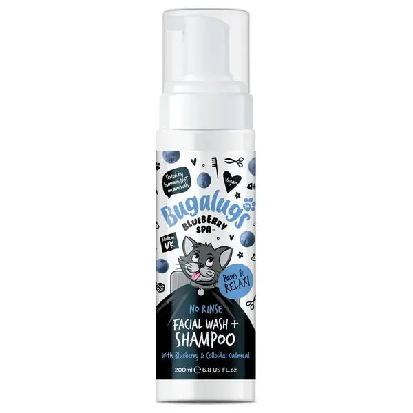 Bugalugs Blueberry Spa No-Rinse Facial Wash & Shampoo for Cats - Пяна за почистване на лице и козина за котки без изплакване 200 мл