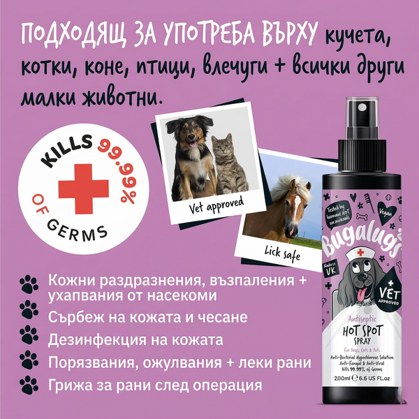 Bugalugs Antiseptic Hot Spot Spray - Антисептичен спрей за горещи точки и кожни раздразнения 200 мл