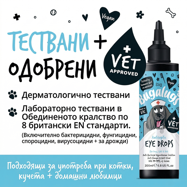 Bugalugs Antiseptic Eye Drops - Антисептични капки за очи за кучета, котки и други животни 200 мл