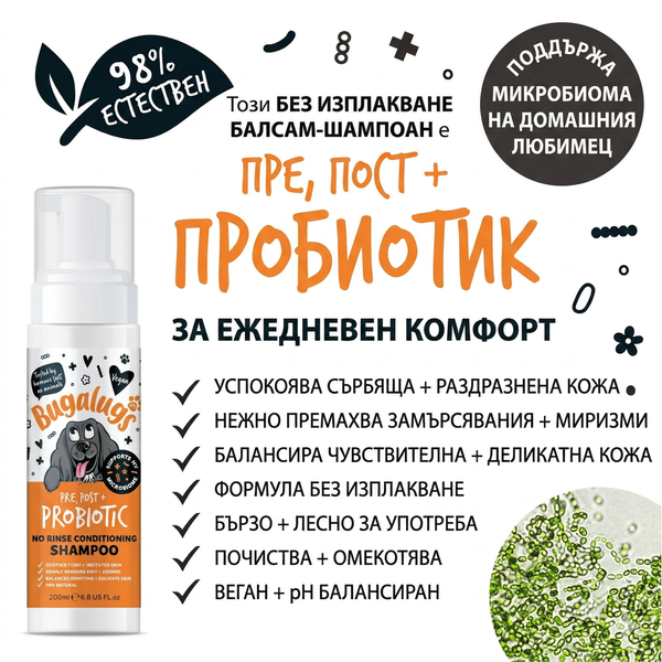 Bugalugs Probiotic No-Rinse Shampoo - Пробиотичен шампоан за кучета без изплакване 200 мл