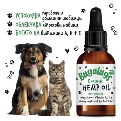 BugaLugs Organic Hemp Oil 100% Natural Calming Supplement for Dogs & Cats Конопено Масло за Кучета и Котки 50ml