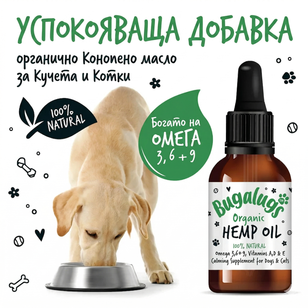 BugaLugs Organic Hemp Oil 100% Natural Calming Supplement for Dogs & Cats Конопено Масло за Кучета и Котки 50ml