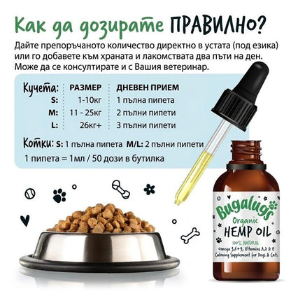 BugaLugs Organic Hemp Oil 100% Natural Calming Supplement for Dogs & Cats Конопено Масло за Кучета и Котки 50ml