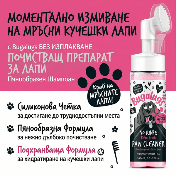 Bugalugs Baby Fresh No-Rinse Paw Cleaner - Пяна за почистване на лапи с аромат на бебешка пудра и четка 200 мл